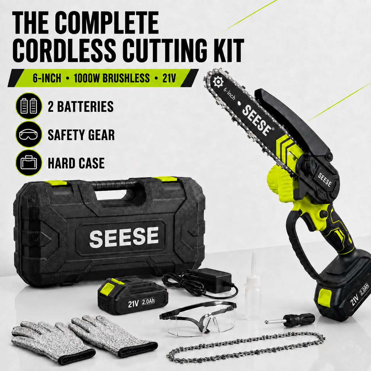 SEESE 6-Inch Cordless Mini Chainsaw Kit – 2 Batteries