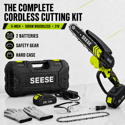 SEESE 6-Inch Cordless Mini Chainsaw Kit – 2 Batteries