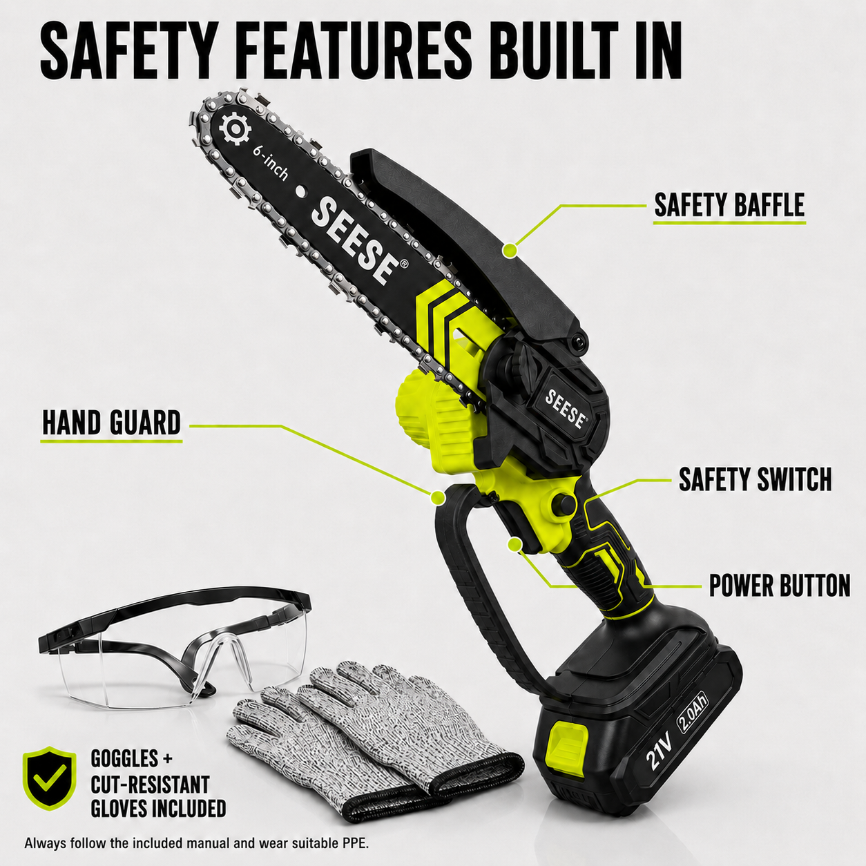 SEESE 6-Inch Cordless Mini Chainsaw Kit – 2 Batteries