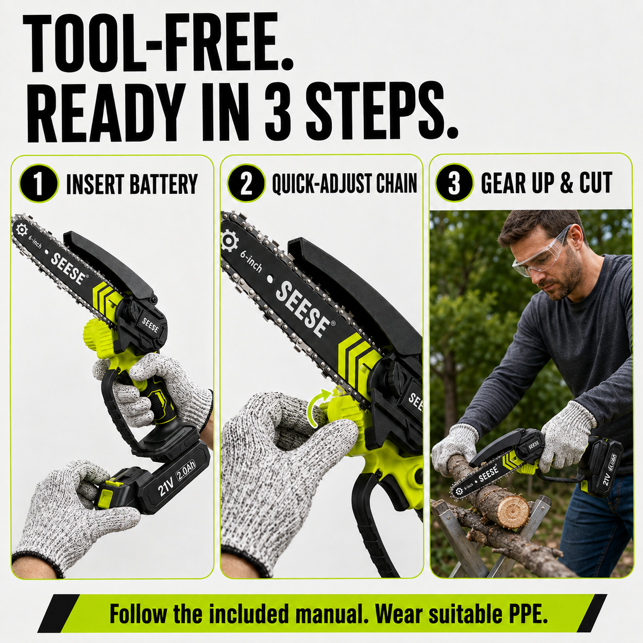 SEESE 6-Inch Cordless Mini Chainsaw Kit – 2 Batteries