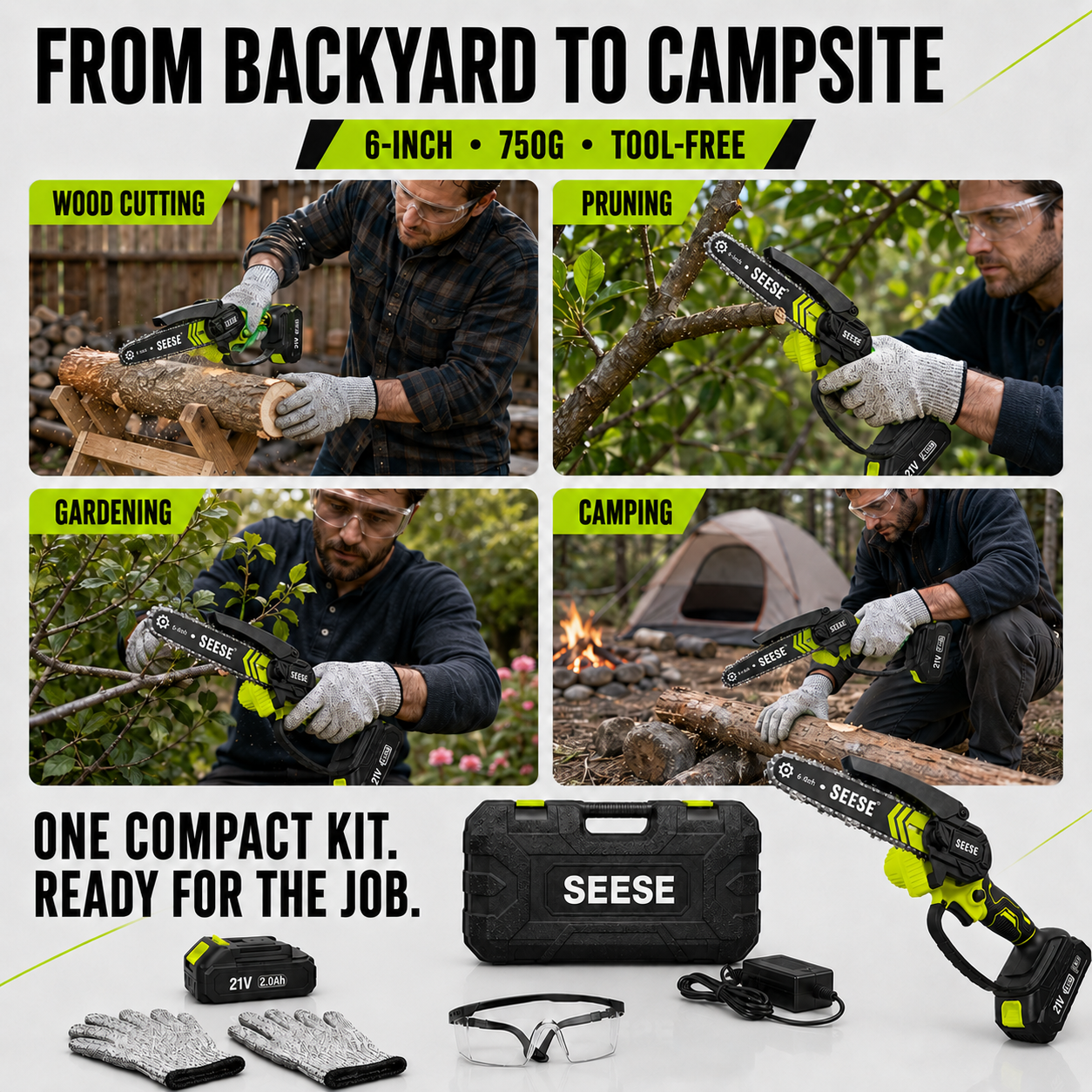 SEESE 6-Inch Cordless Mini Chainsaw Kit – 2 Batteries